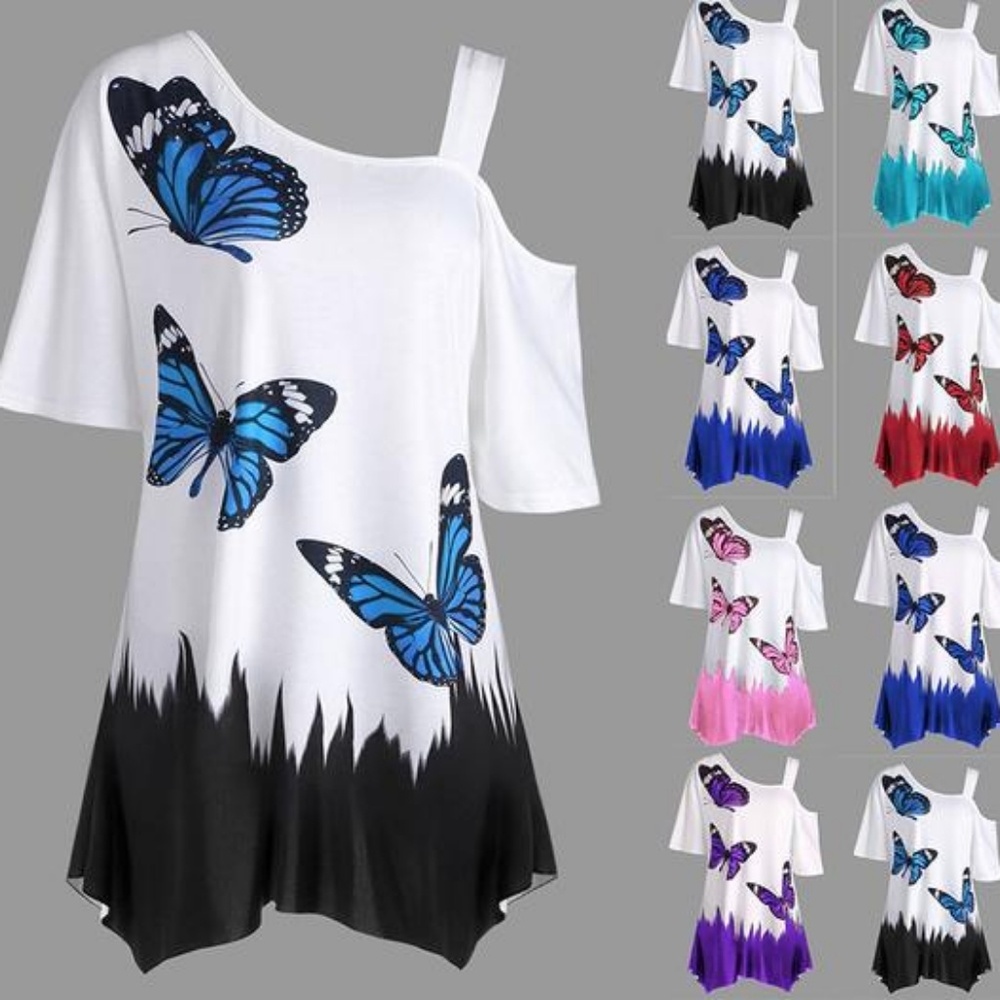 Oblique Shoulder T Shirt Butterfly Printed Strap S